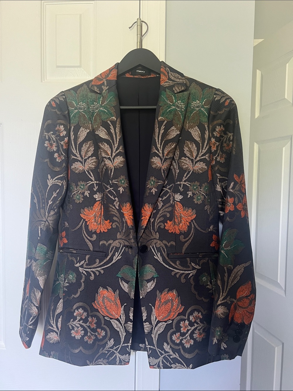 Theory Women’s Floral Jacquard Blazer - Black with Green & Orange Accents